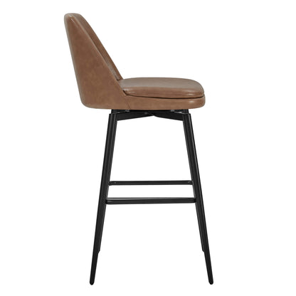 Side view of Eli swivel bar stool with brown faux leather seat and black metal frame - CHITA Living