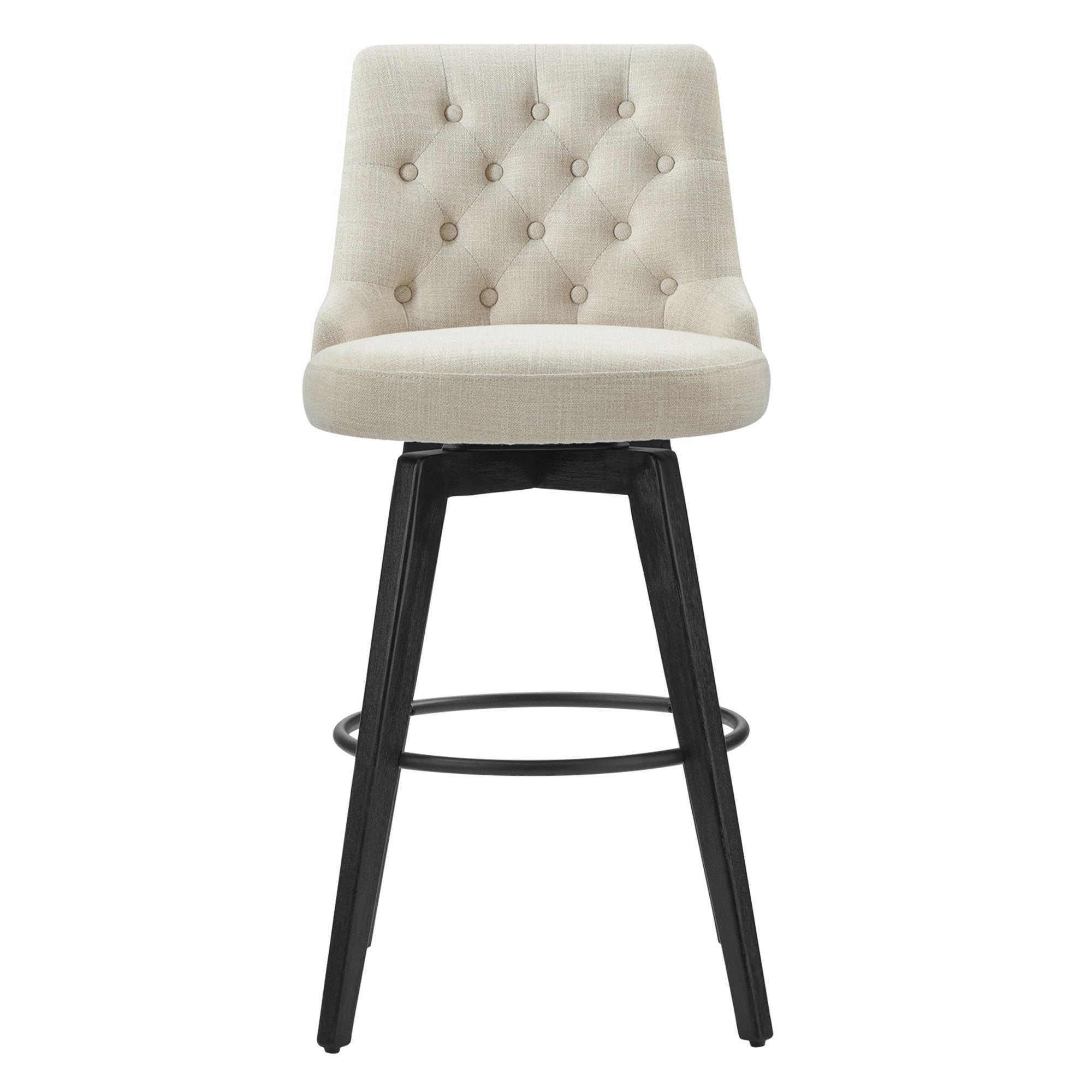 Light gray tufted swivel bar stool with wood legs and button details for modern dining - CHITA Living