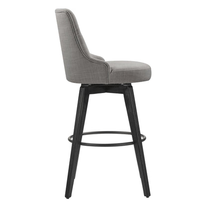 Side view of modern gray swivel bar stool with black wood legs and padded backrest - CHITA Living