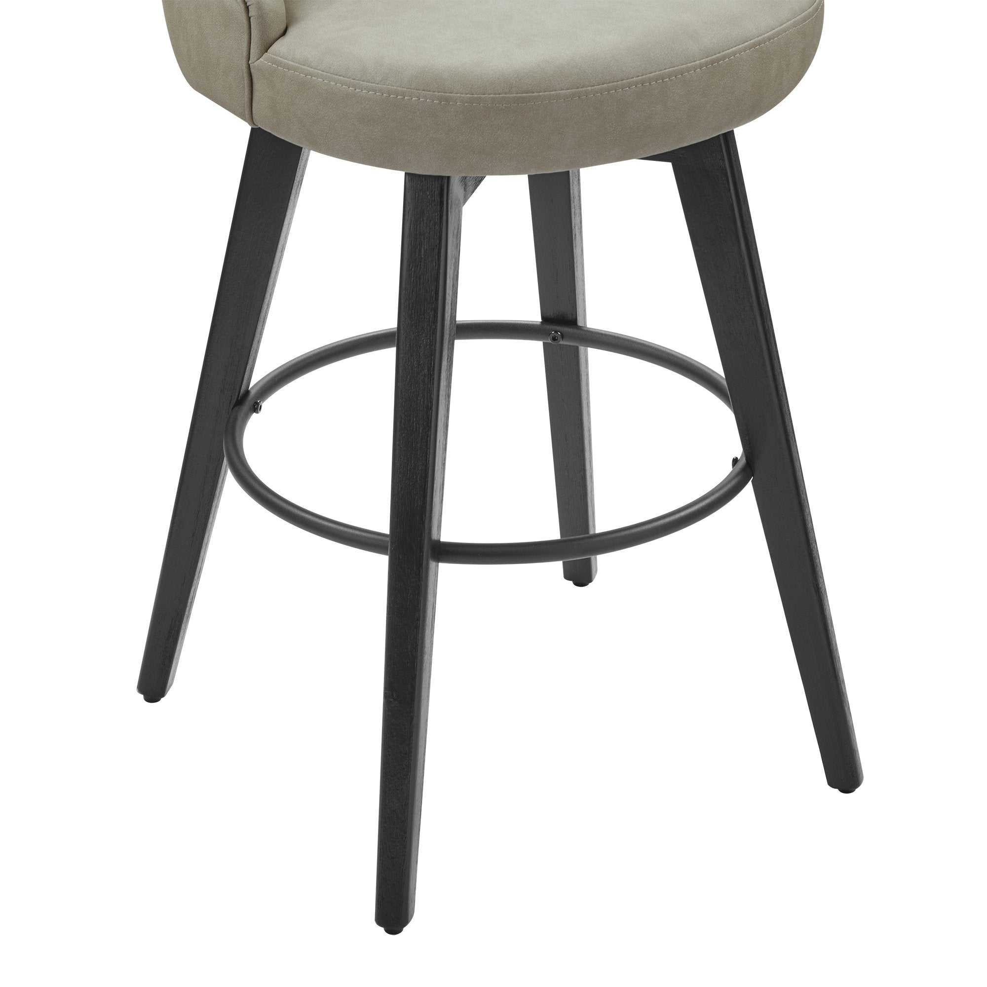 Close-up of gray tufted swivel stool with black wood legs in a modern design - CHITA Living