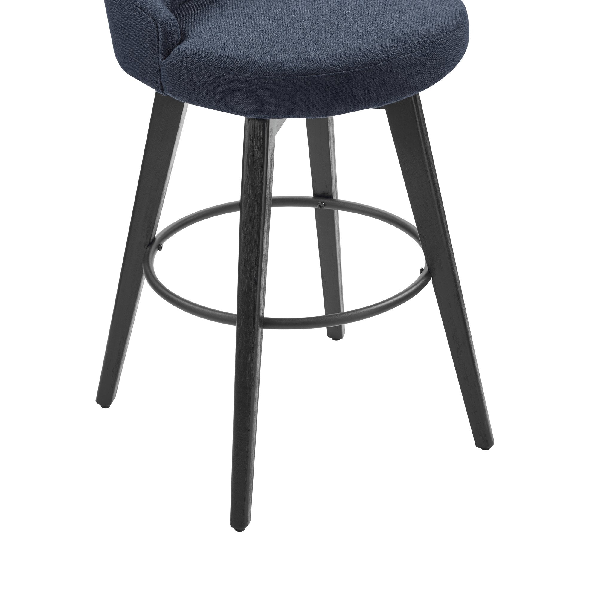 Navy blue tufted swivel bar stool with black wood legs and circular footrest - CHITA Living