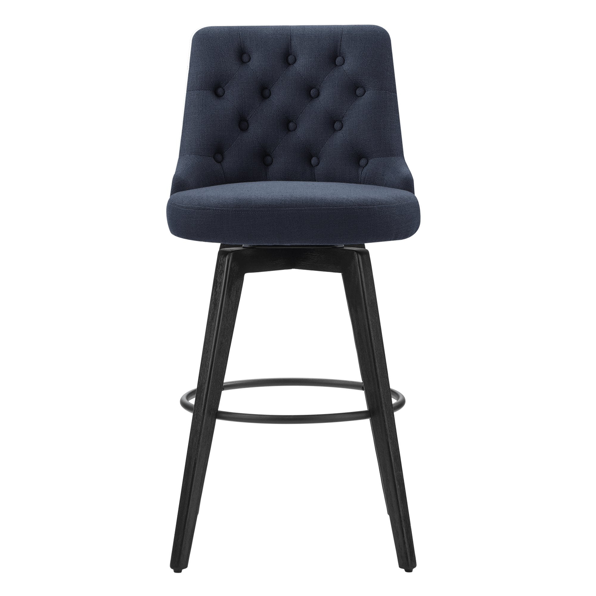 Navy tufted swivel bar stool with black wood legs and circular footrest for stylish seating - CHITA Living