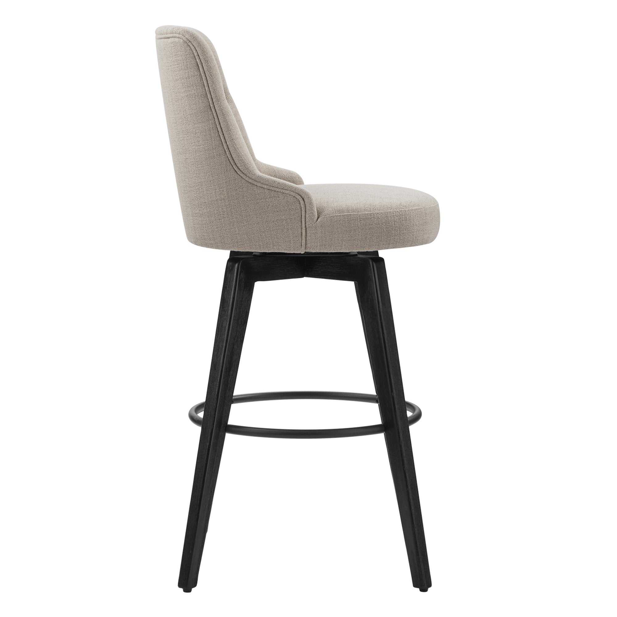 Side view of beige tufted swivel bar stool with black wood legs for modern decor - CHITA Living