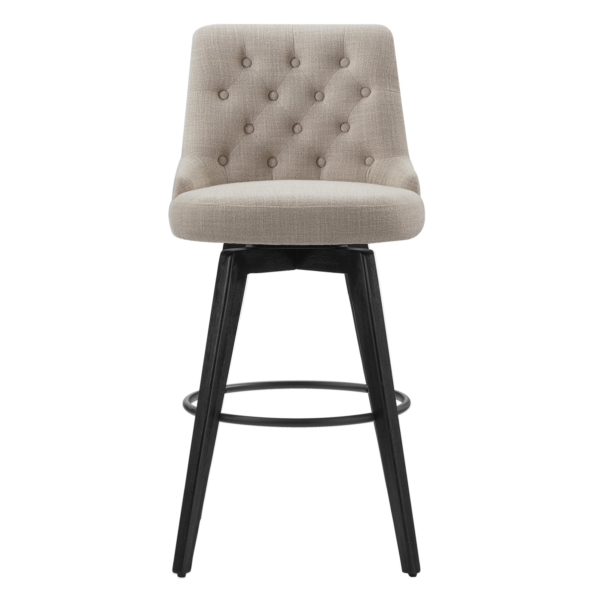 Beige tufted swivel bar stool with black legs and button details, perfect for modern dining - CHITA Living