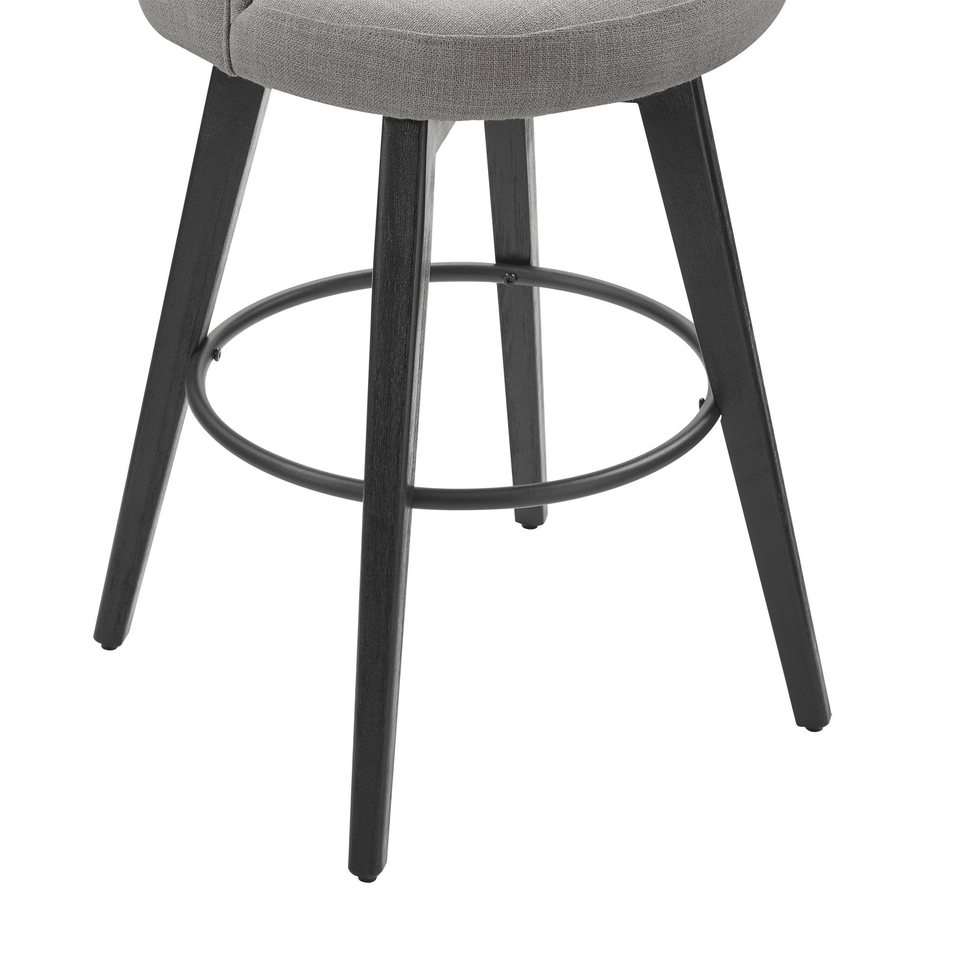 Gray tufted swivel bar stool with black wood legs and circular footrest for modern dining - CHITA Living