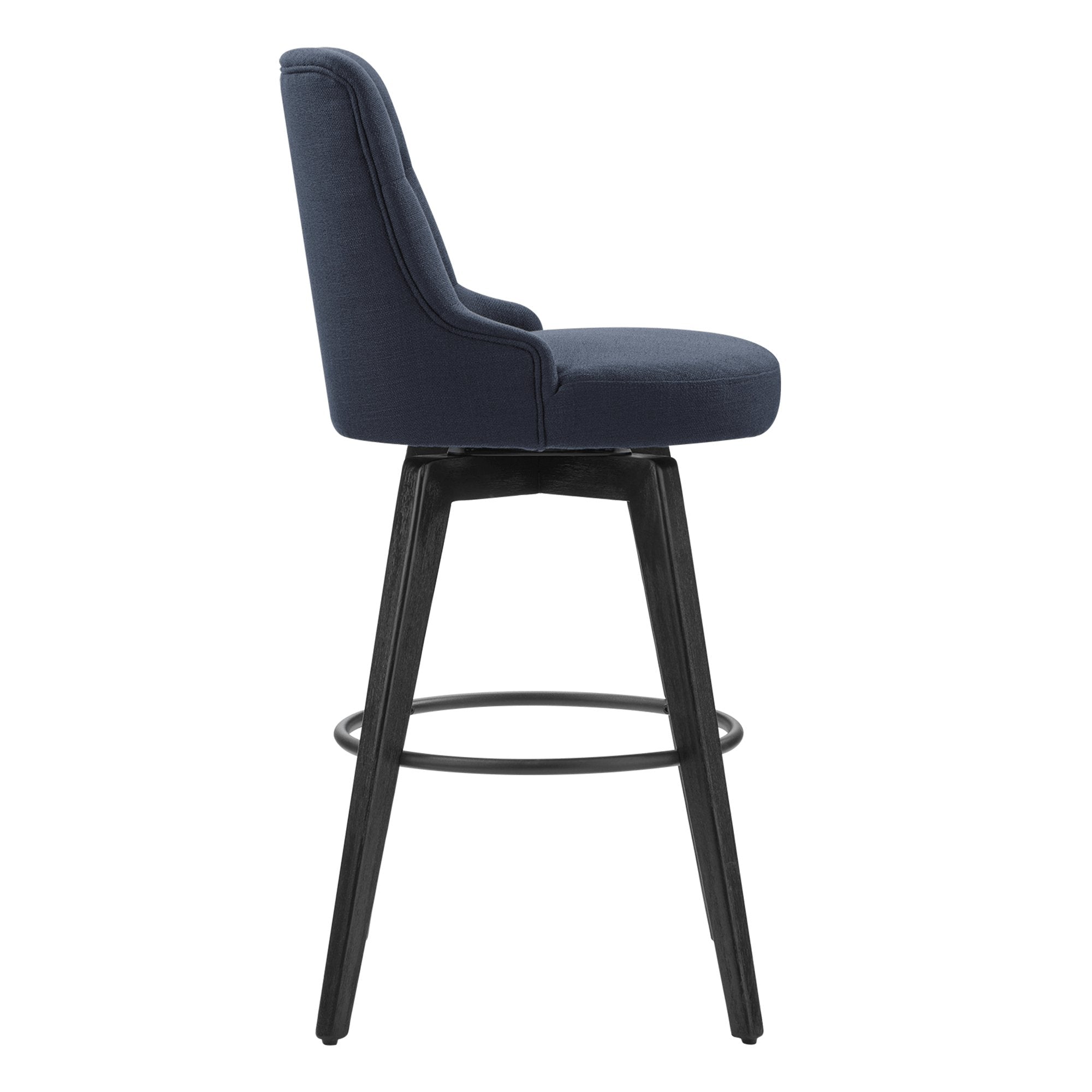 Navy blue tufted bar stool with black legs and circular footrest for modern dining - CHITA Living