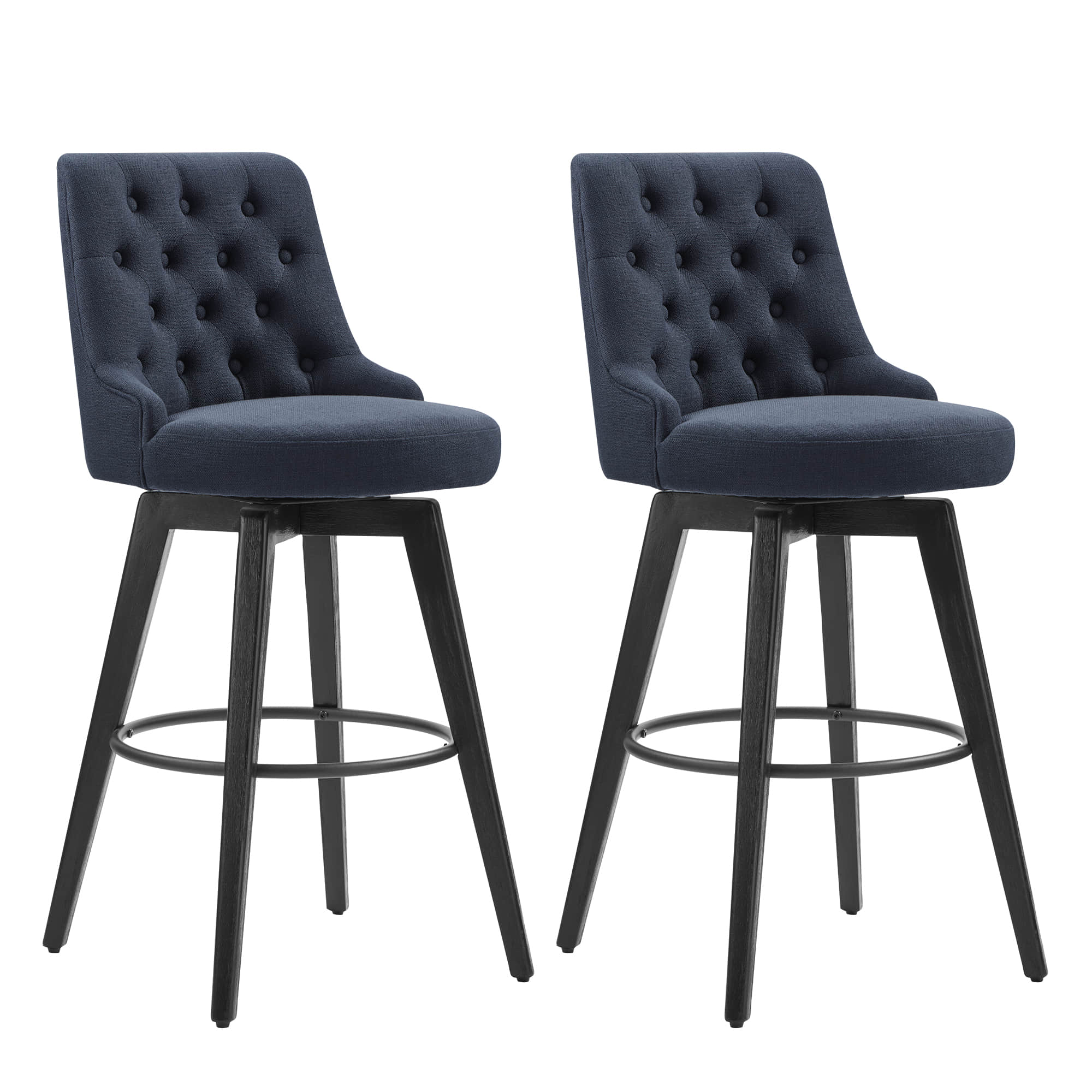 Navy blue tufted swivel bar stools with black legs for modern kitchen seating - CHITA Living