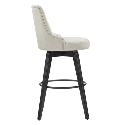 Side view of beige tufted swivel bar stool with black legs for modern dining decor - CHITA Living