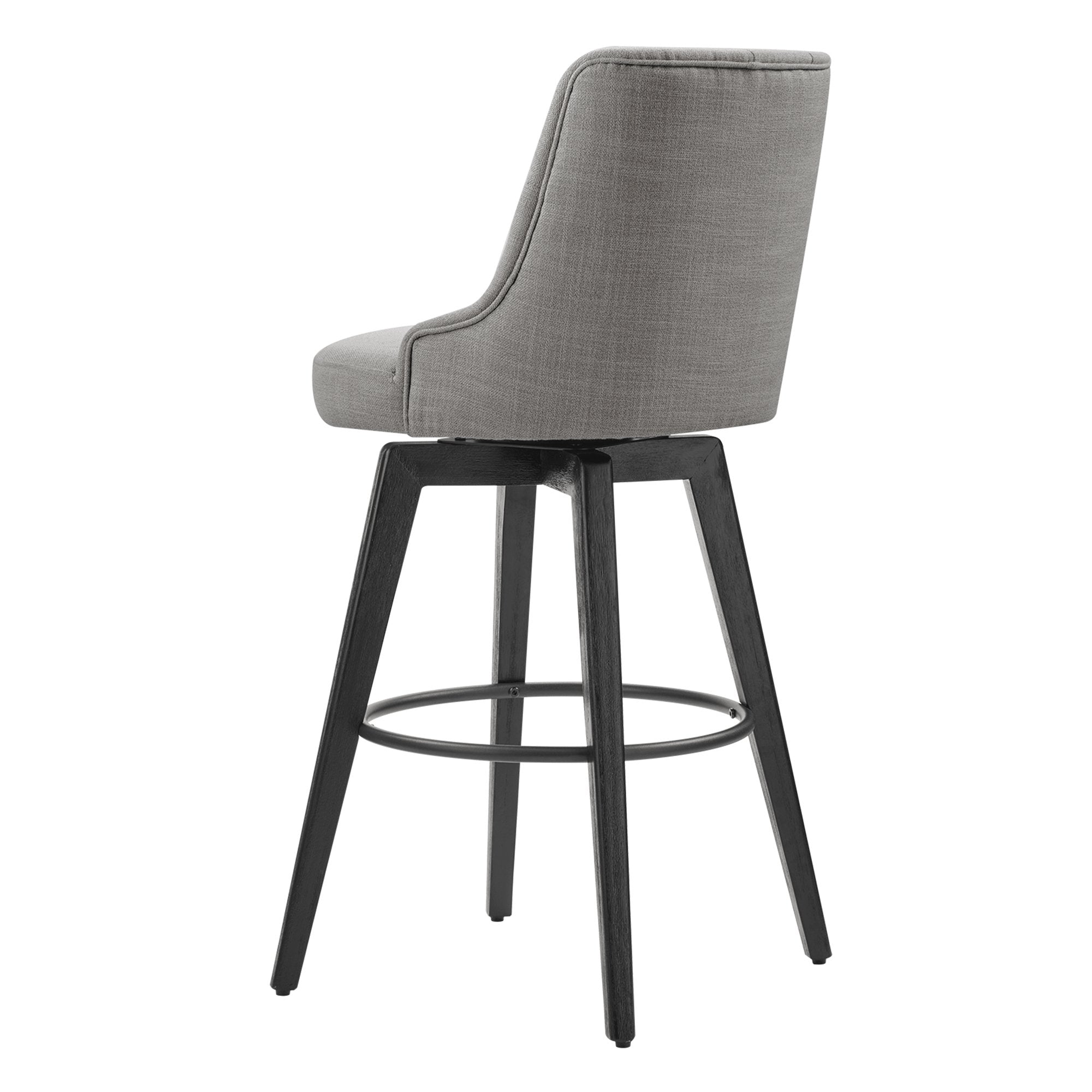 Sleek gray tufted swivel bar stool with black wood legs for modern dining spaces - CHITA Living