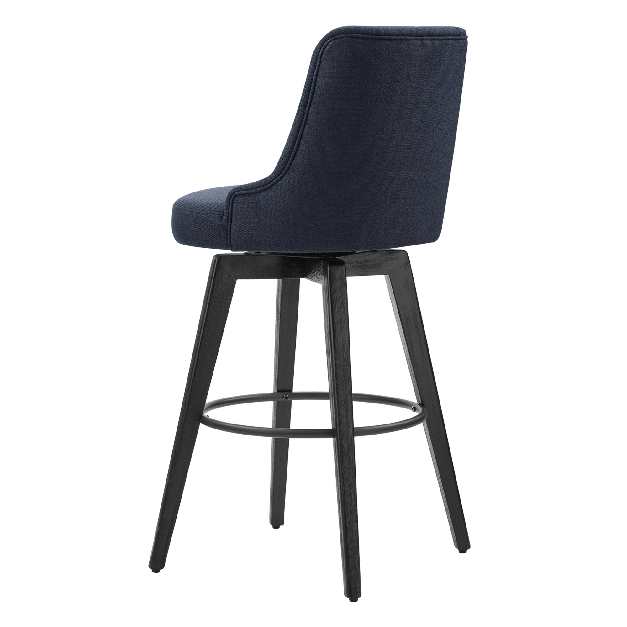 Navy blue tufted swivel bar stool with black wood legs and comfortable backrest - CHITA Living