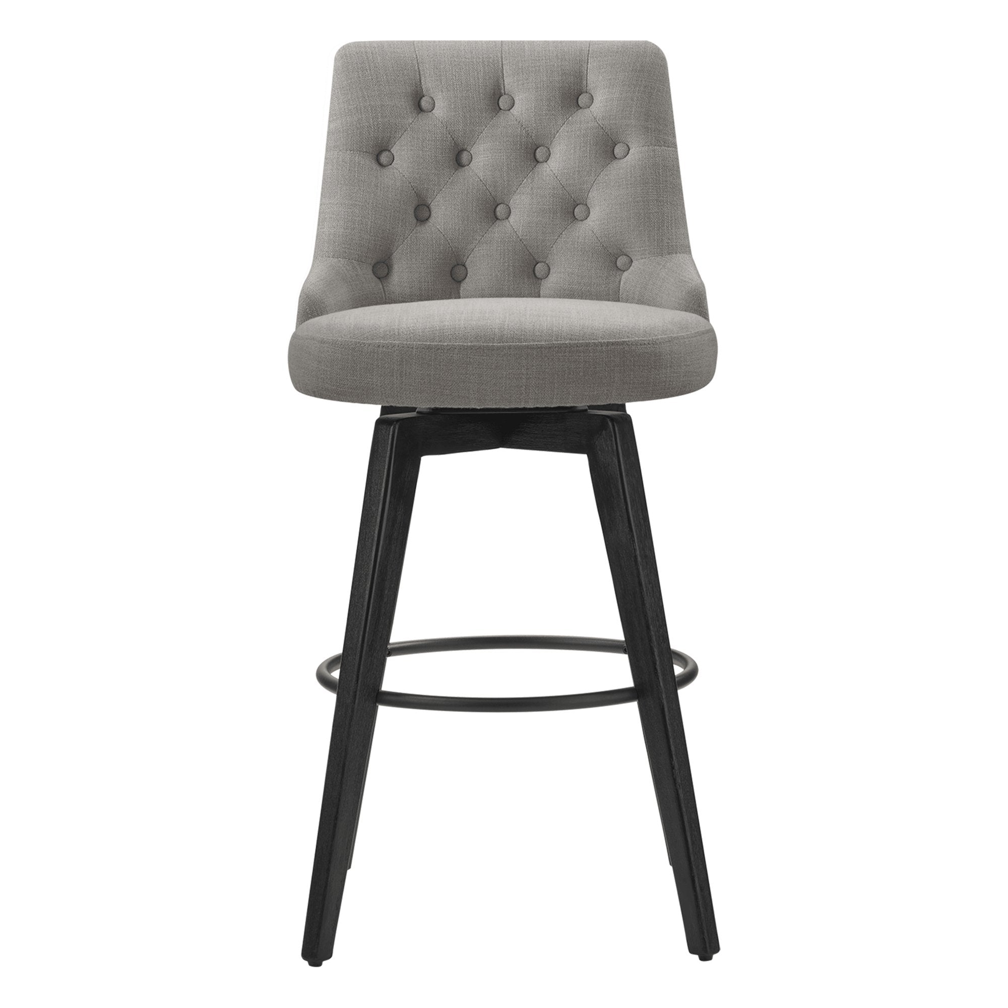 Gray tufted swivel bar stool with black legs and padded backrest for stylish dining - CHITA Living