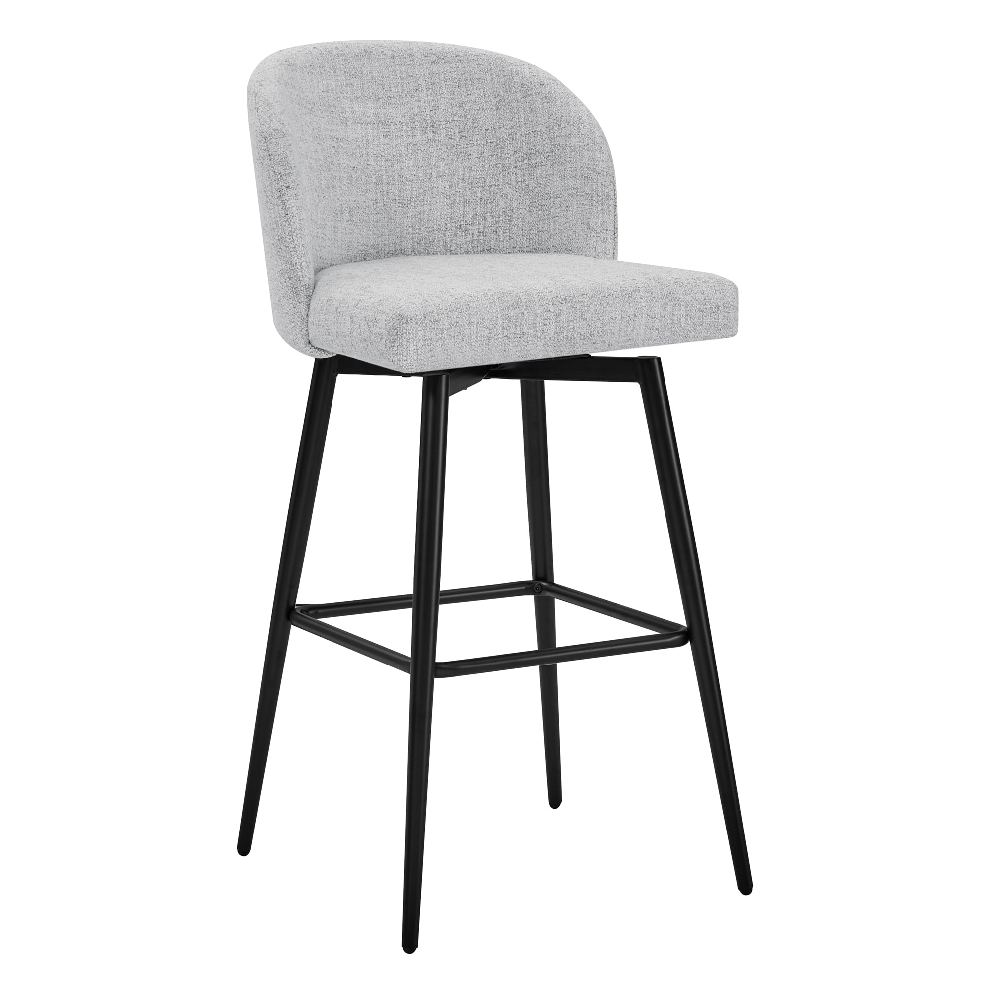 Light gray Nova Swivel Bar Stool with rounded back and black metal legs - CHITA Living