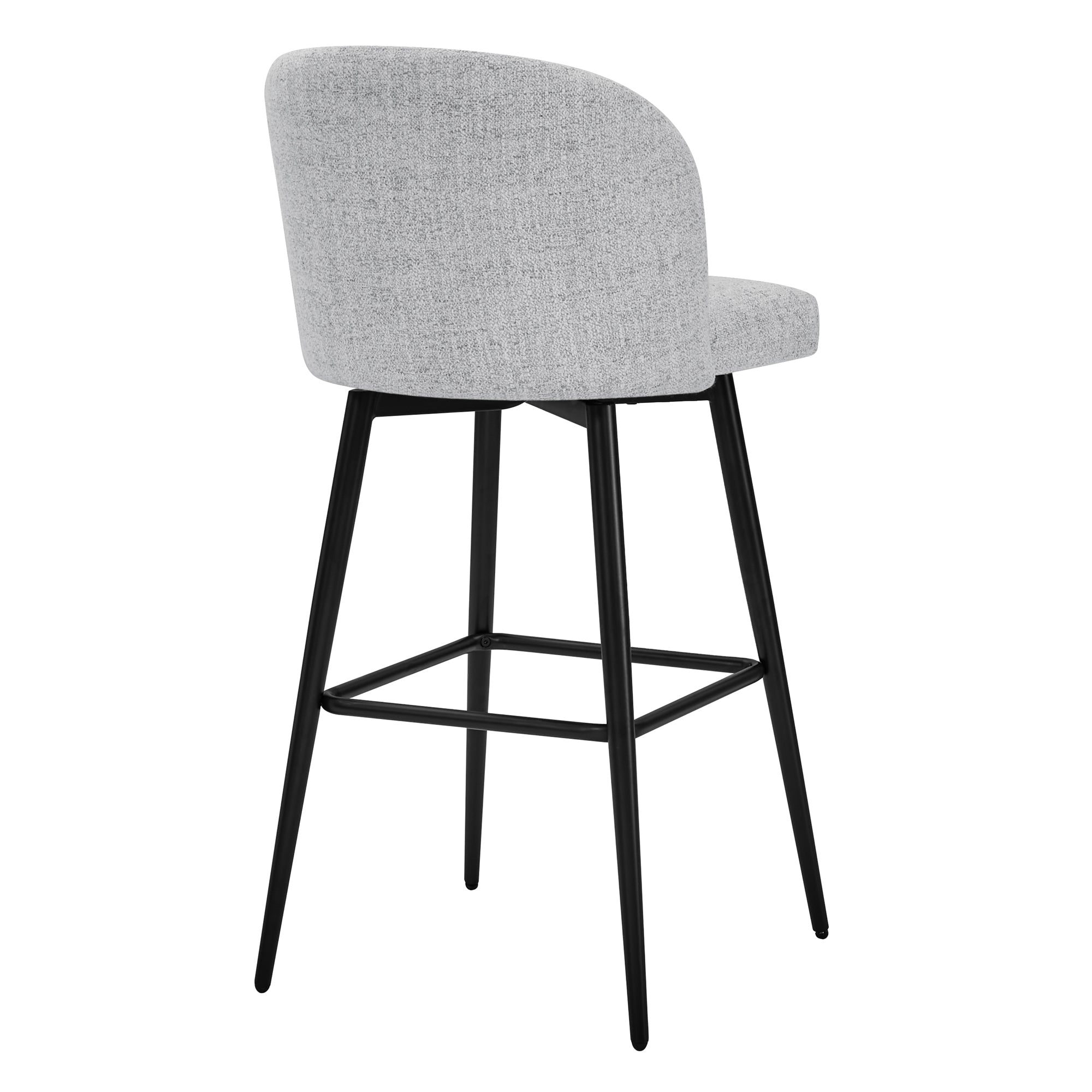 Light gray Nova Swivel Bar Stool featuring black metal legs and rounded back support - CHITA Living