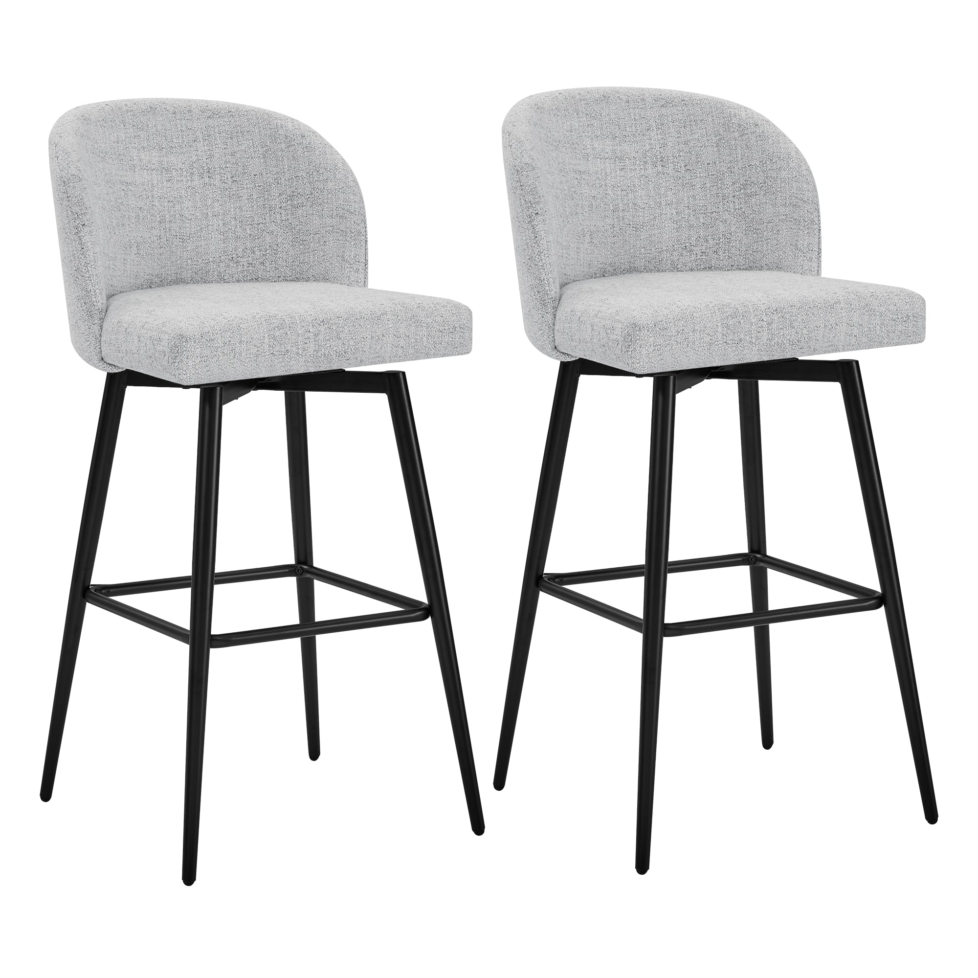 Light gray Nova Swivel Bar Stools with black legs and rounded backs set of two - CHITA Living