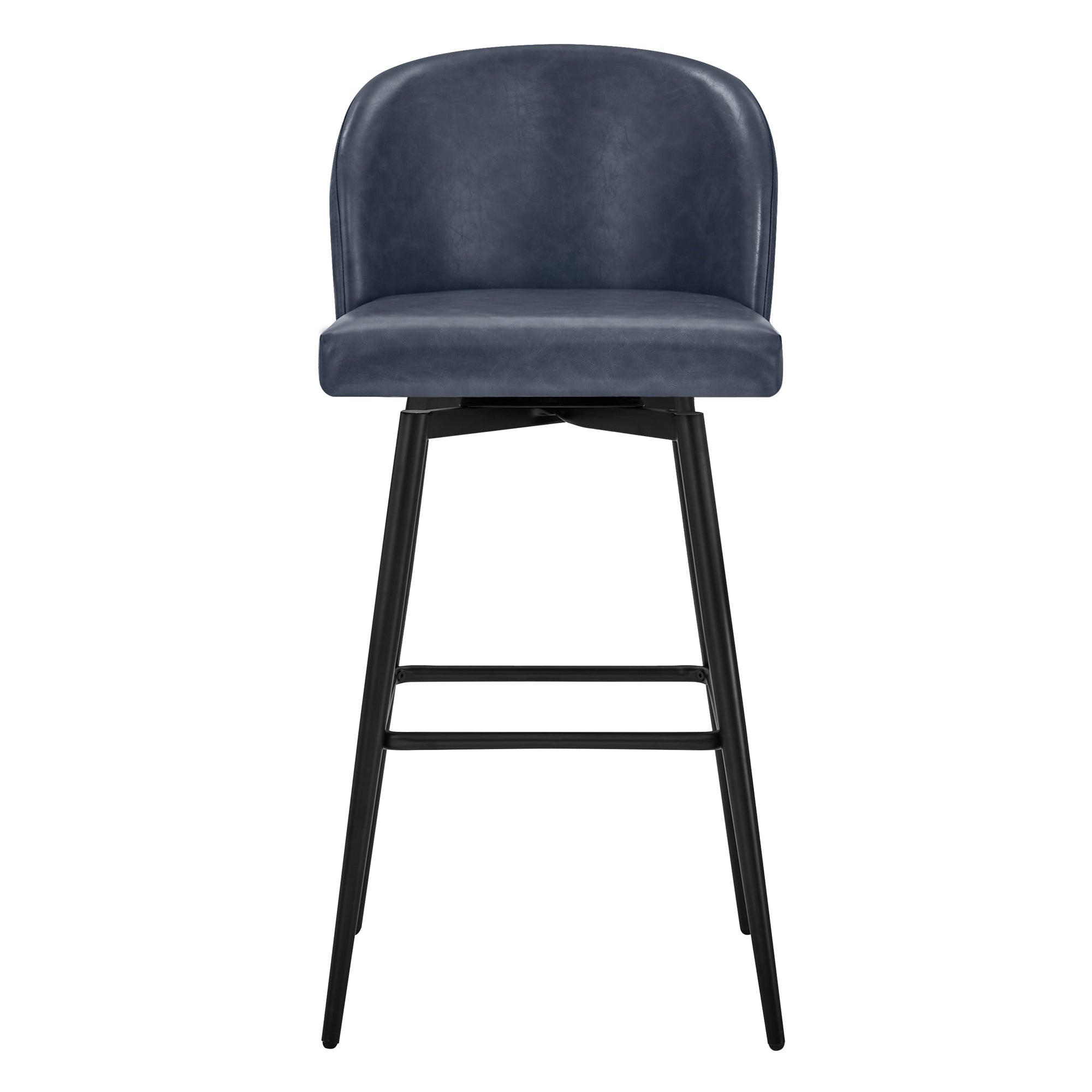 Front view of dark blue Nova Swivel Bar Stool with padded seat and black metal legs - CHITA Living