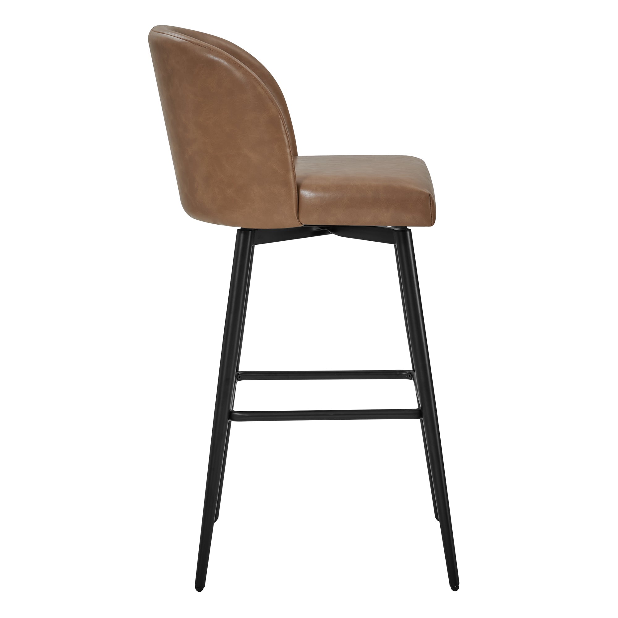 Side view of light brown Nova Swivel Bar Stool with black metal legs - CHITA Living