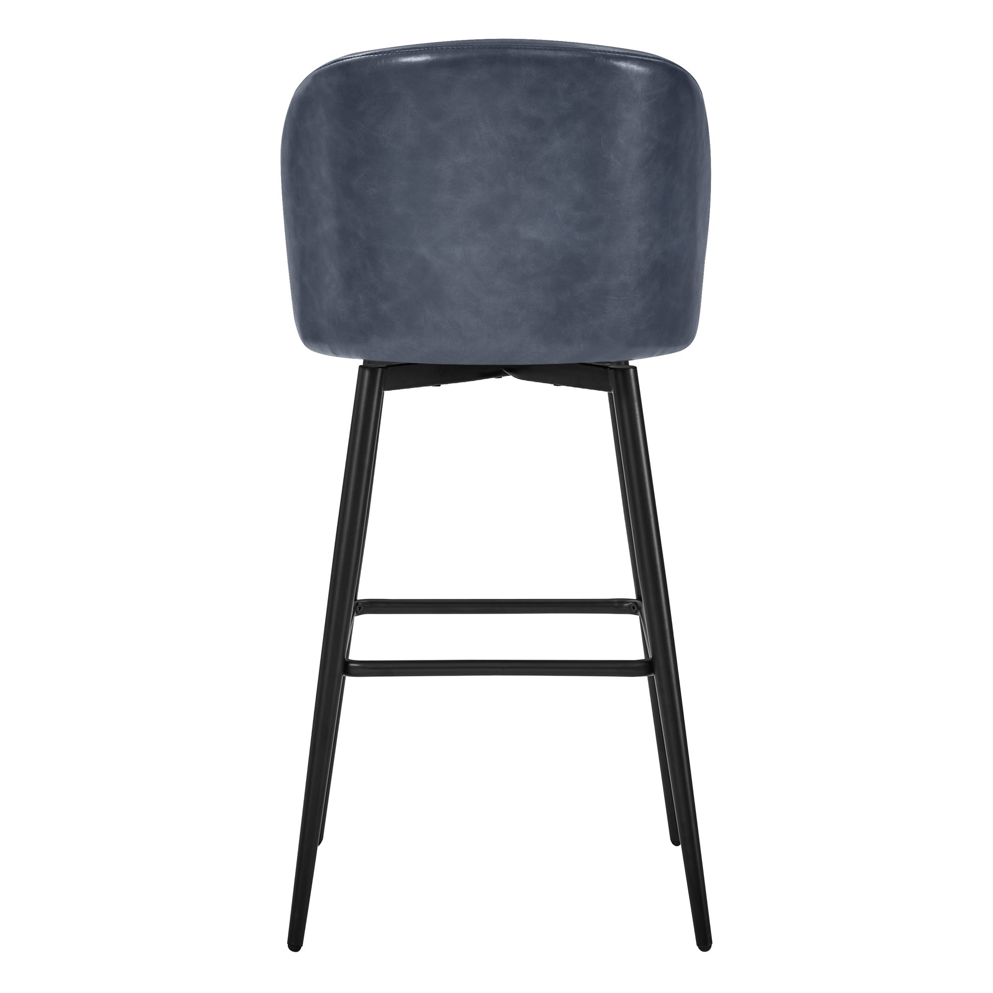 Back view of dark blue Nova Swivel Bar Stool with black metal legs and rounded back - CHITA Living