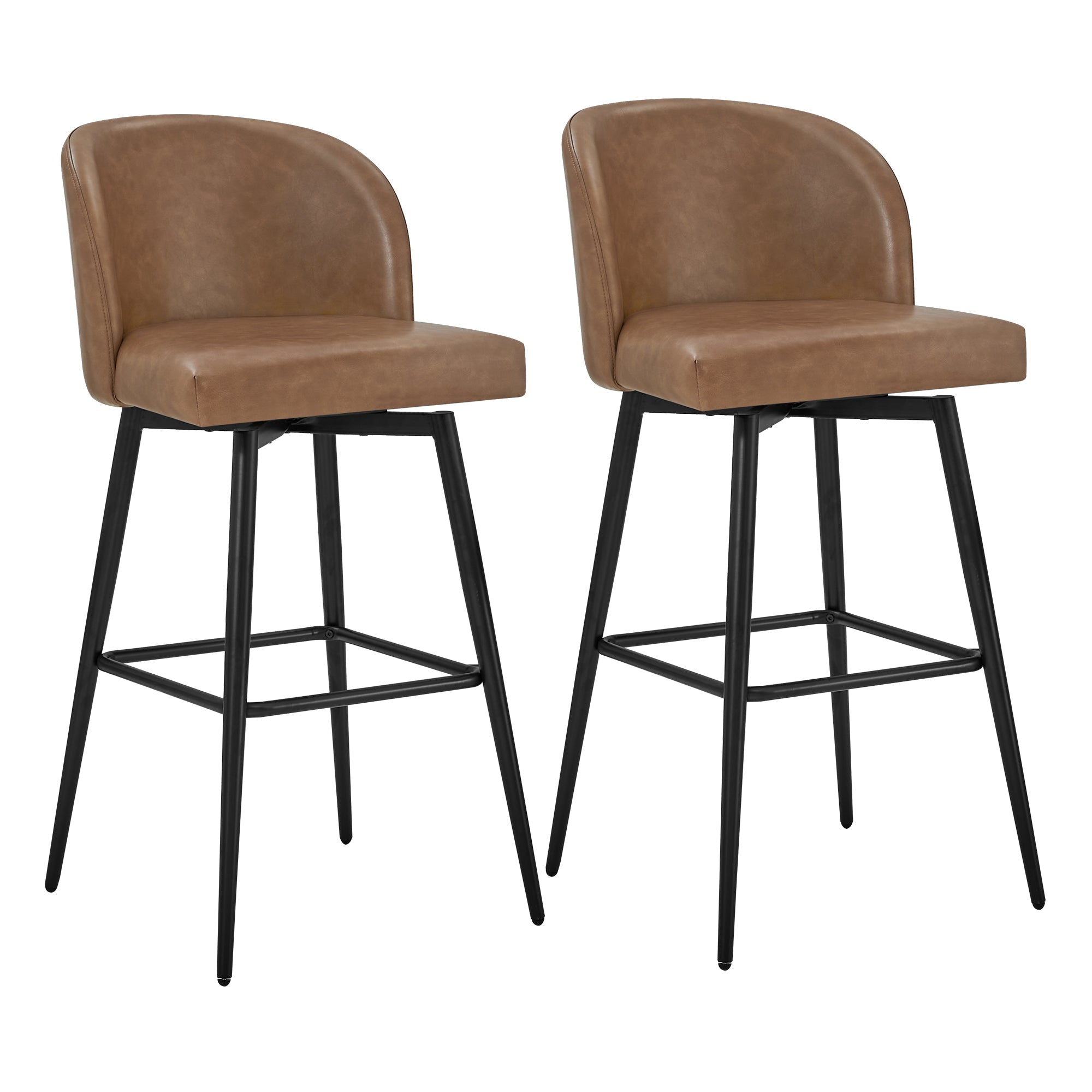 Set of two light brown Nova Swivel Bar Stools with rounded backs and black legs - CHITA Living