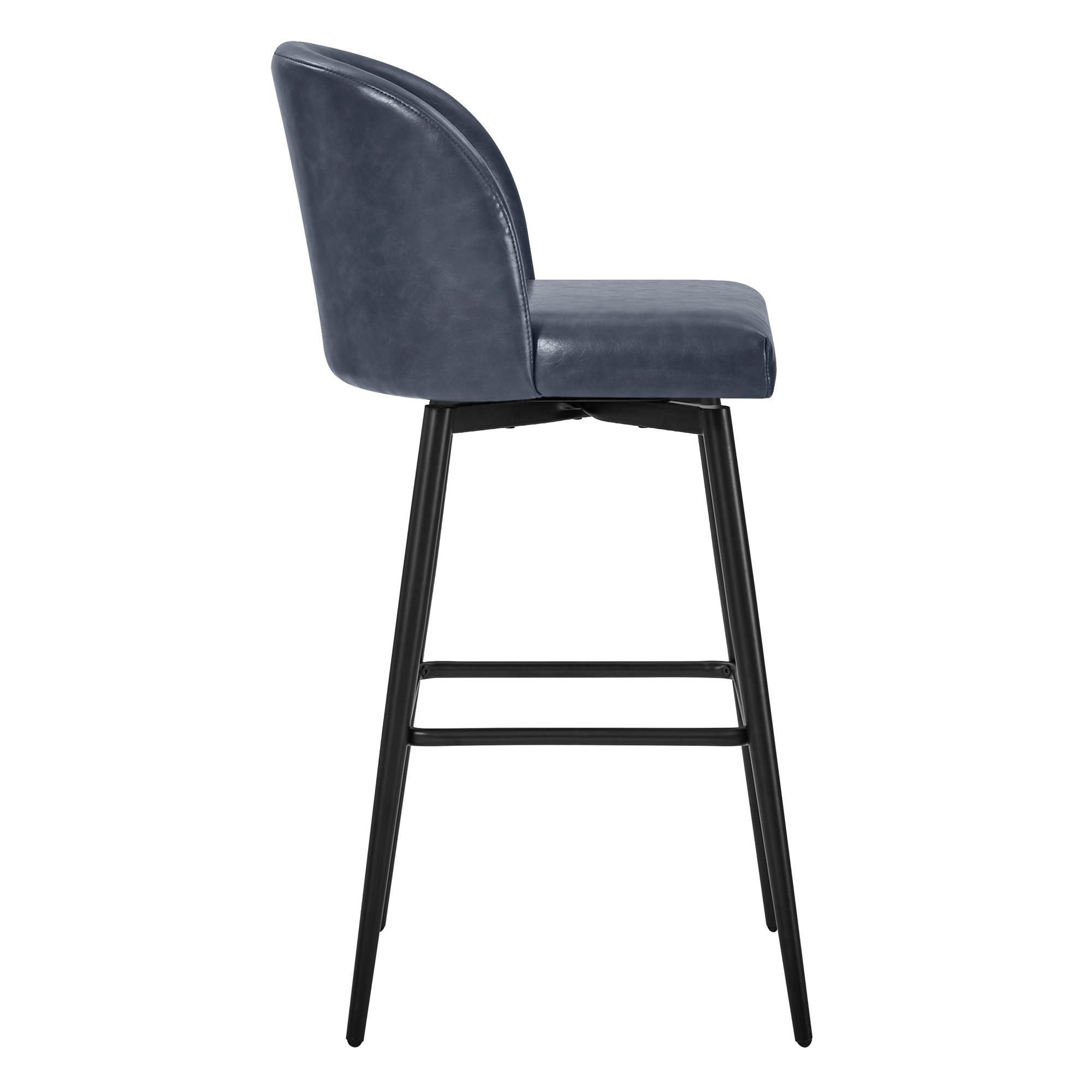 Dark blue Nova Swivel Bar Stool side view with black metal legs and rounded back - CHITA Living