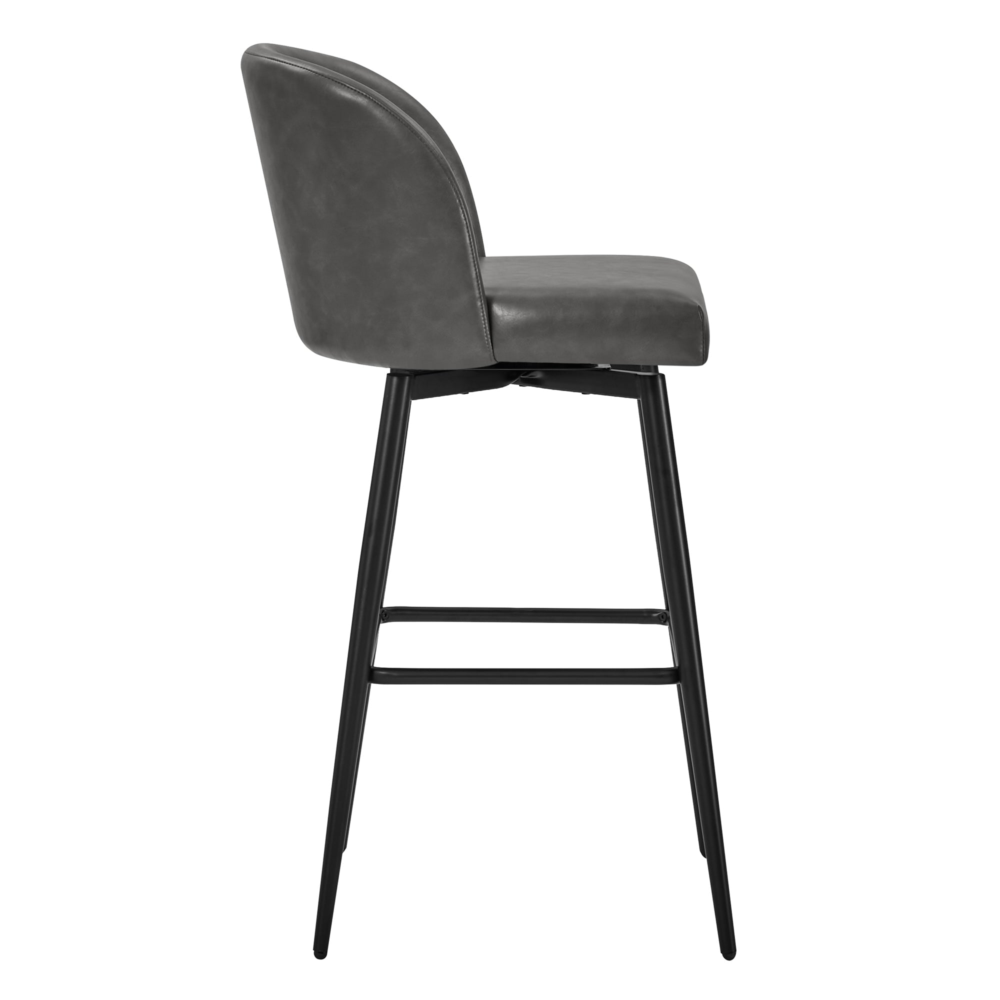 Side view of dark gray Nova Swivel Bar Stool with rounded back and black metal legs - CHITA Living