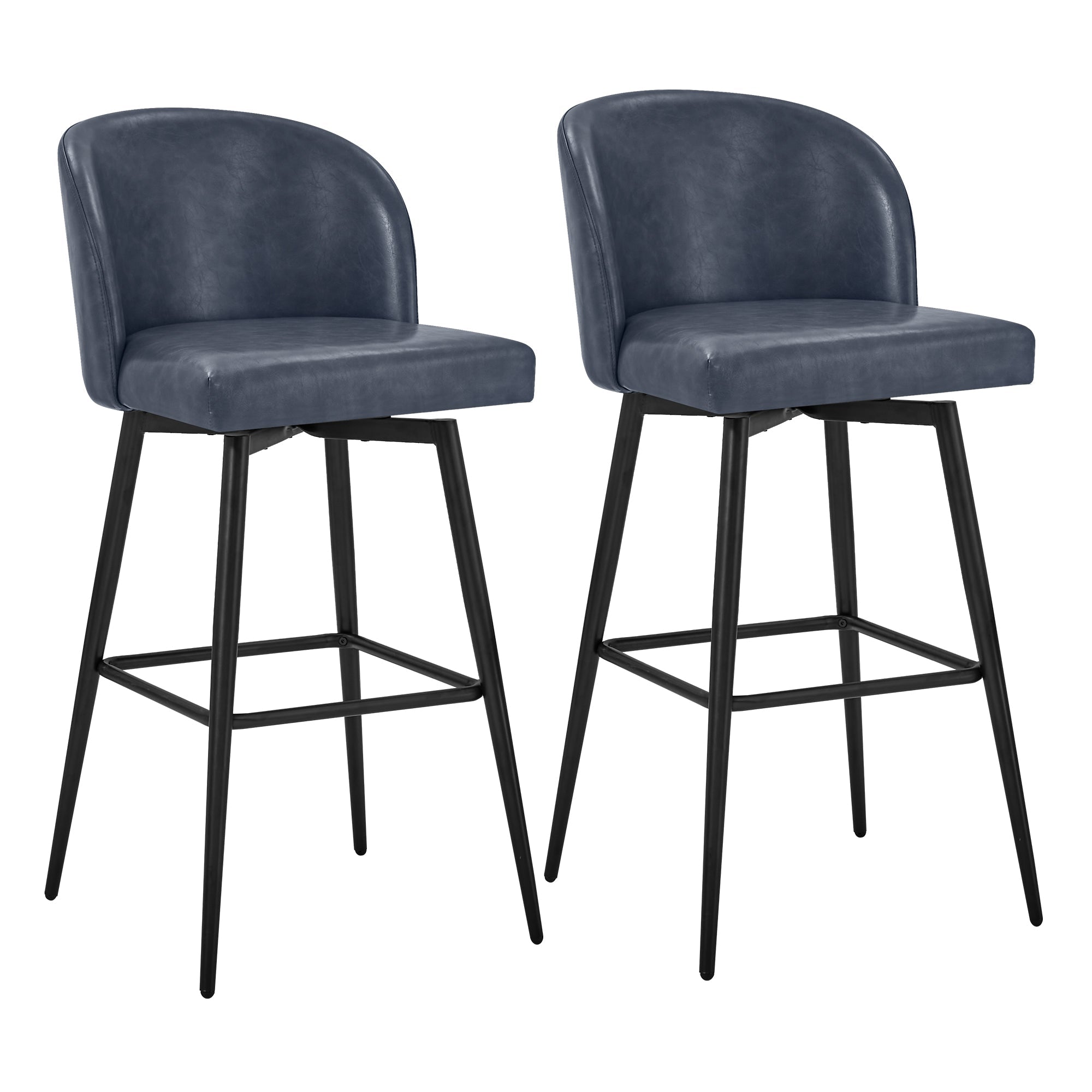 Dark blue Nova Swivel Bar Stools with rounded backs and black metal legs set of two - CHITA Living