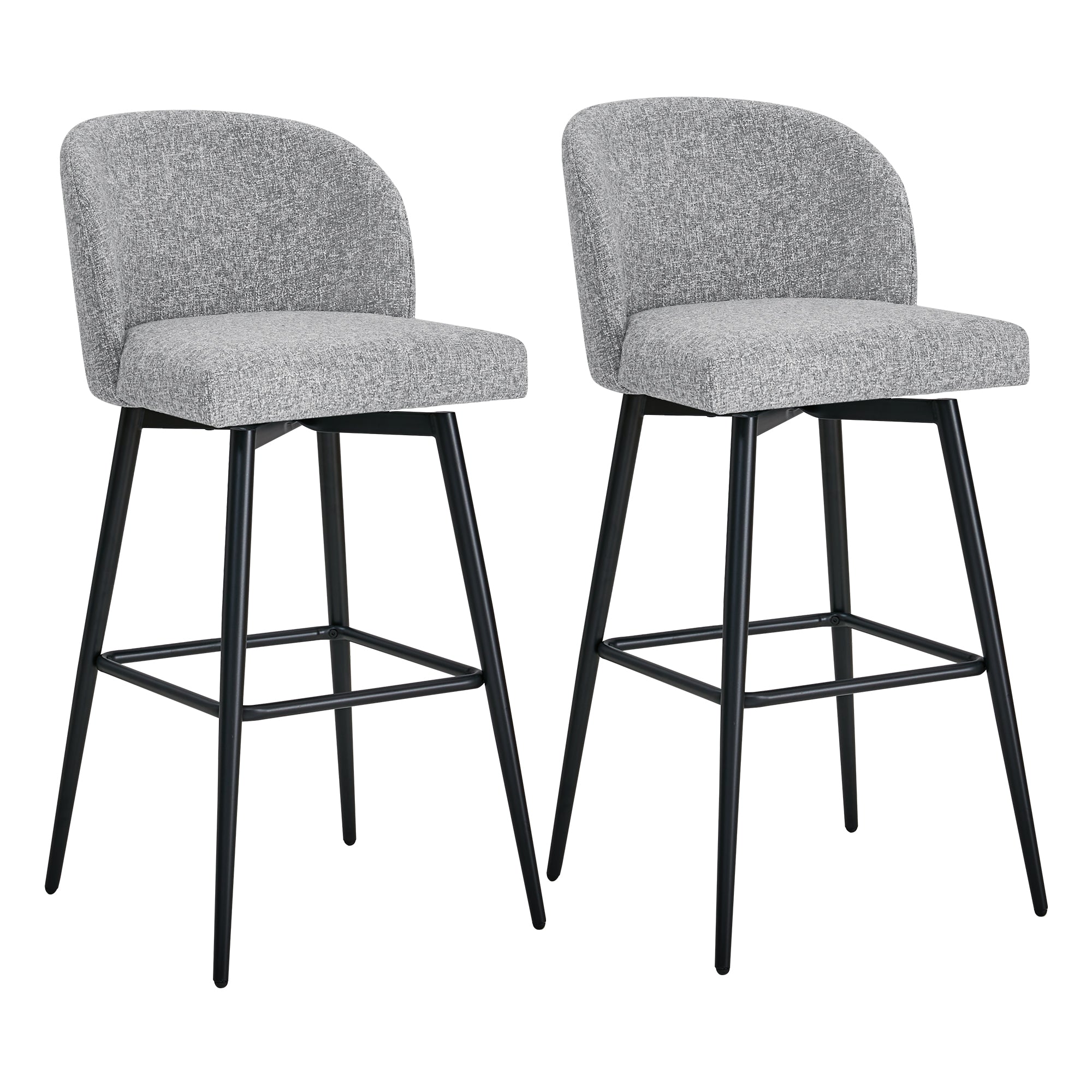 Set of two light gray Nova Swivel Bar Stools with rounded backs and black metal legs - CHITA Living