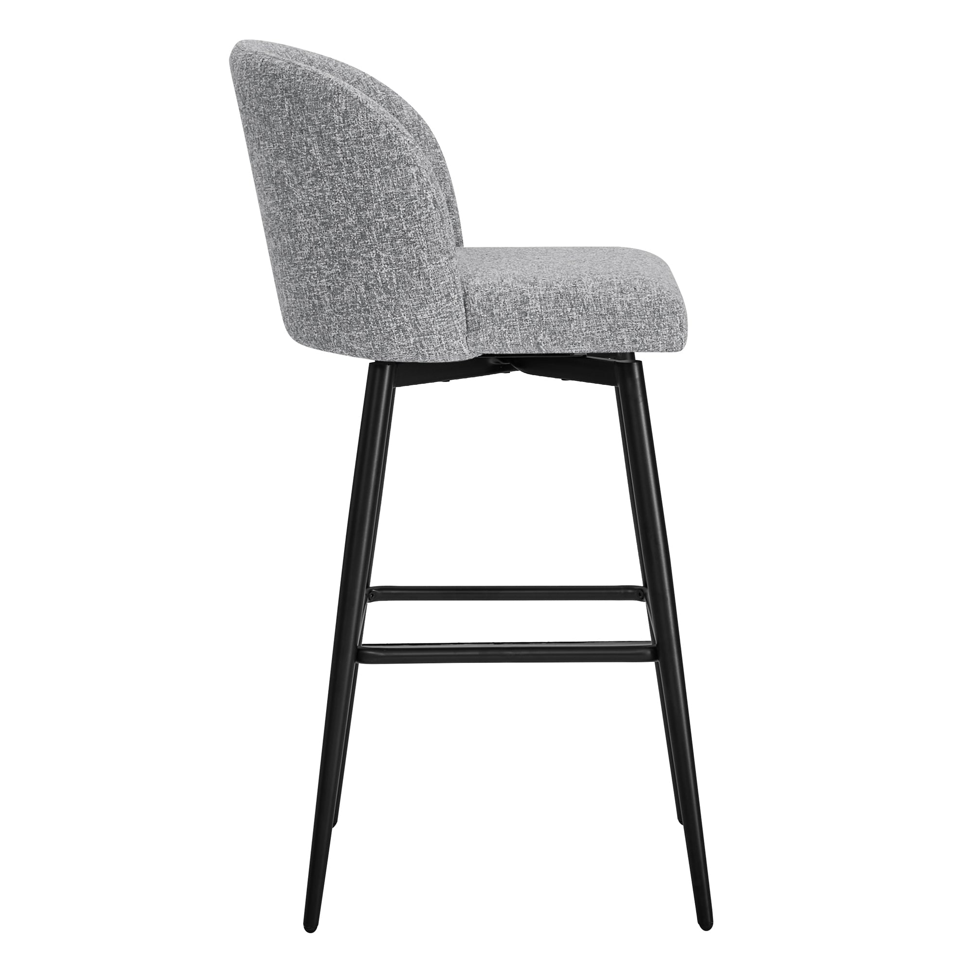 Light gray Nova Swivel Bar Stool side view with rounded back and black metal legs - CHITA Living