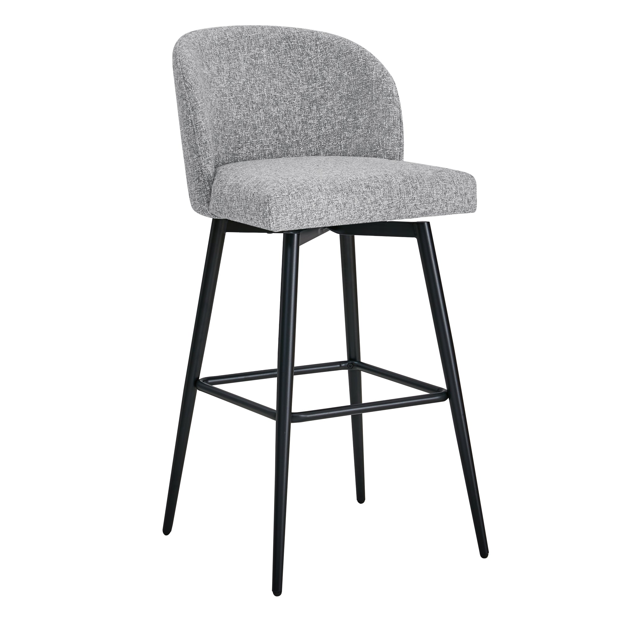 Light gray Nova Swivel Bar Stool with rounded back and black metal legs - CHITA Living