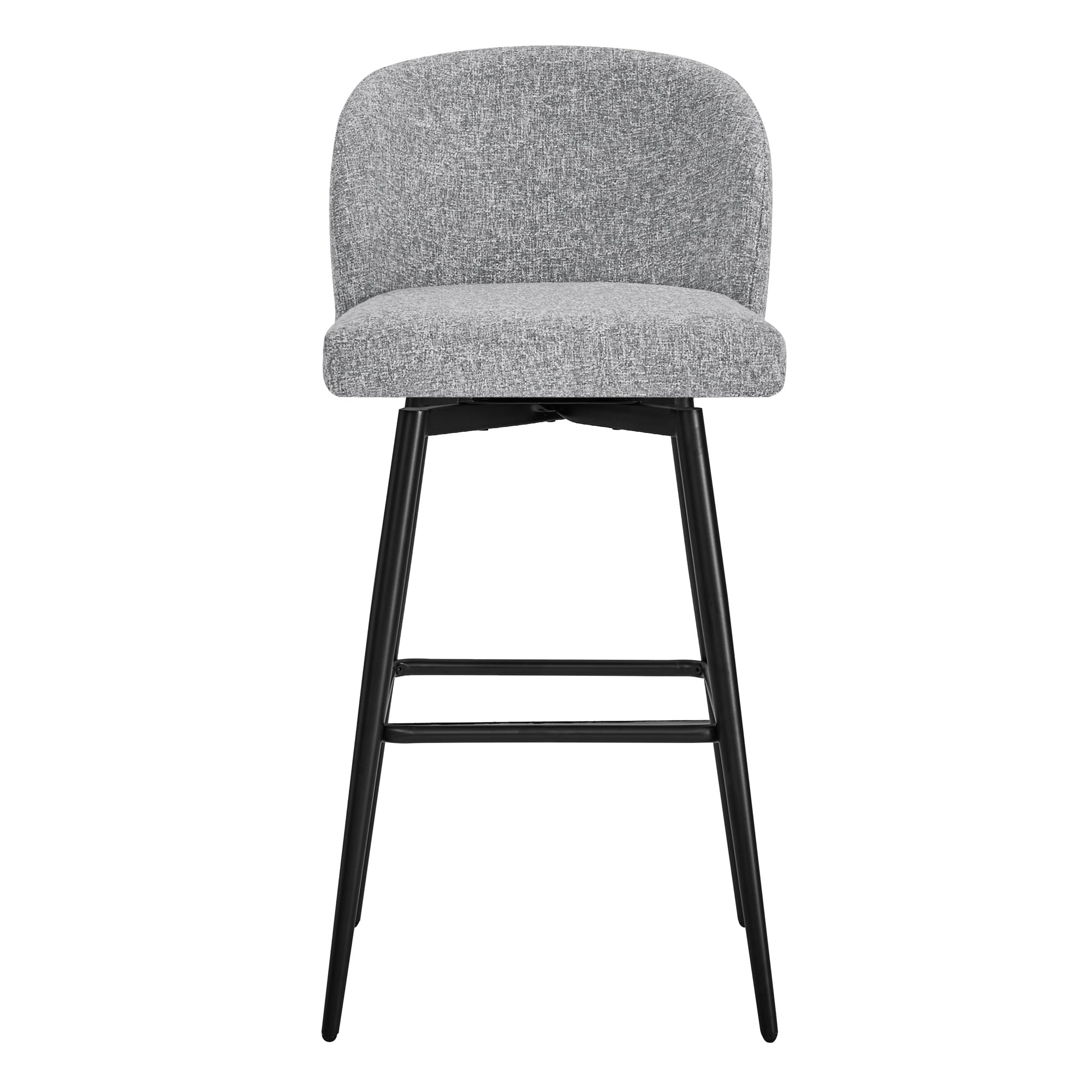 Front view of light gray Nova Swivel Bar Stool with rounded back and black metal legs - CHITA Living