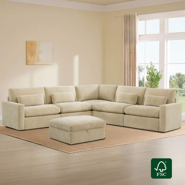 Ivy 6-Seat Performance Fabric Modular Sectional Sofa with Storage Ottoman in Beige