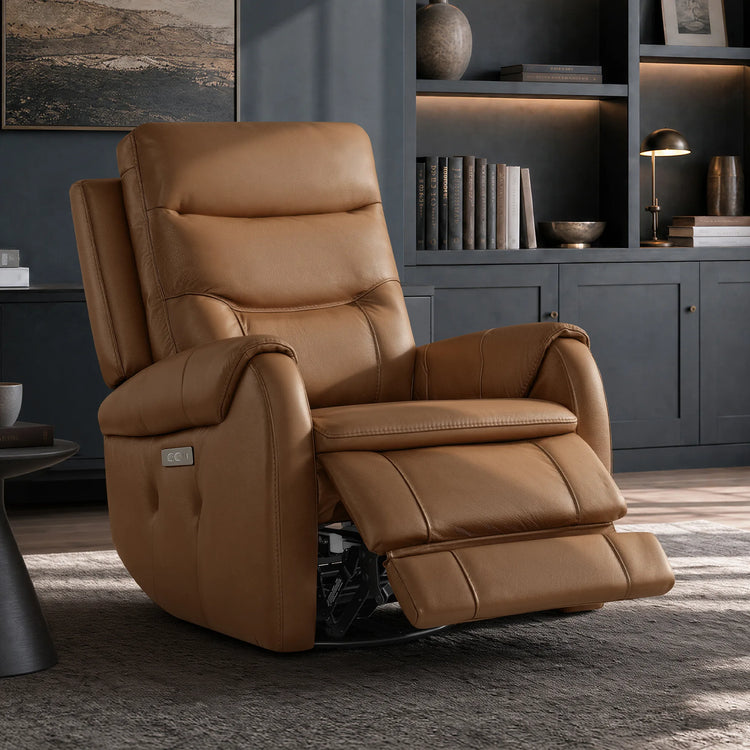 Carrie Swivel Genuine Leather Power Recliner with Power Headrest