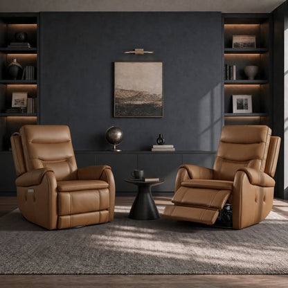 Carrie Swivel Genuine Leather Power Recliner with Power Headrest