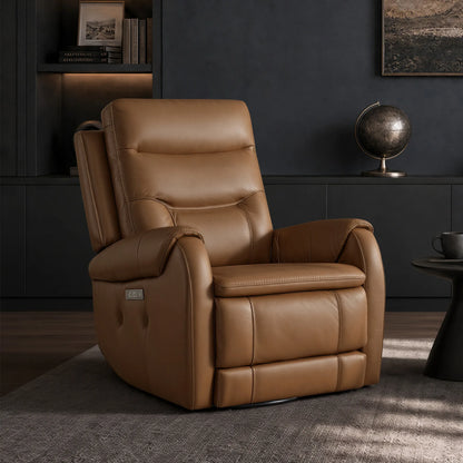 Carrie Swivel Genuine Leather Power Recliner with Power Headrest