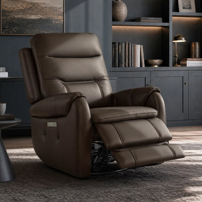 Carrie Swivel Genuine Leather Power Recliner with Power Headrest