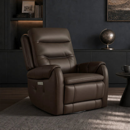 Carrie Swivel Genuine Leather Power Recliner with Power Headrest