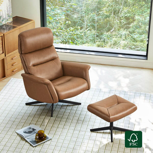 Cary genuine leather swivel reclining chair and ottoman, saddle brown, with FSC logo
