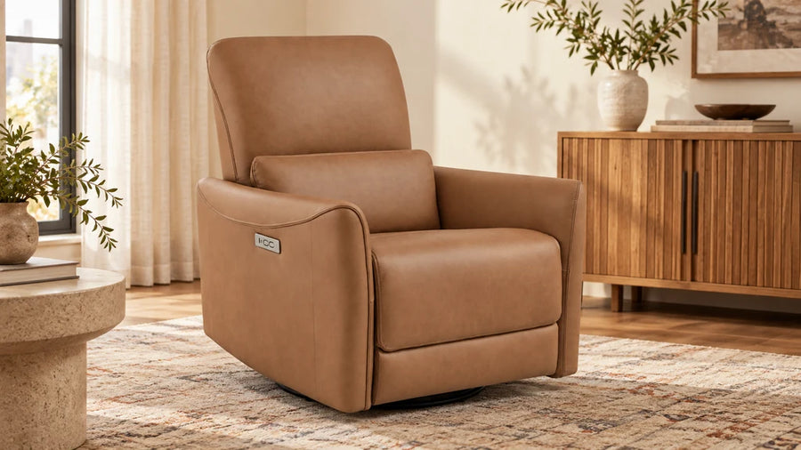 Tan Tracee recliner with its side controls visible