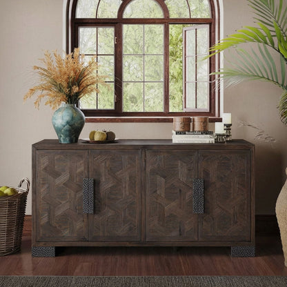 Megan reclaimed fir sideboard, dark wood finish, geometric patterned doors, metal handles.