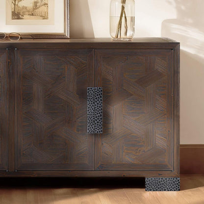 Megan 71'' reclaimed fir sideboard: geometric doors, textured metal handles.