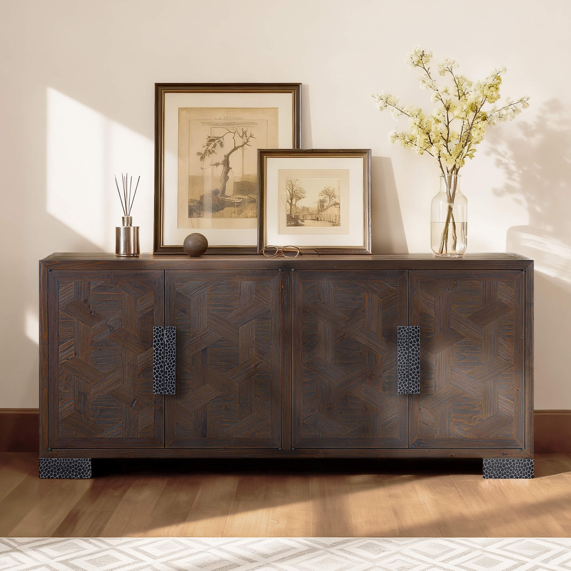 71'' Megan Vintage Fir Sideboard with geometric dark wood doors and metal handles.