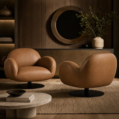 Cloud Puffy Genuine Leather Swivel Accent Chair