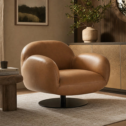 Cloud Puffy Genuine Leather Swivel Accent Chair