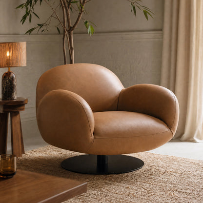 Cloud Puffy Genuine Leather Swivel Accent Chair