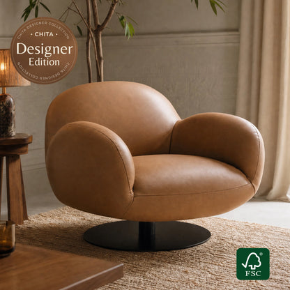 Cloud Puffy Genuine Leather Swivel Accent Chair