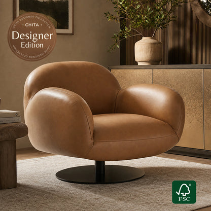 Cloud Puffy Genuine Leather Swivel Accent Chair