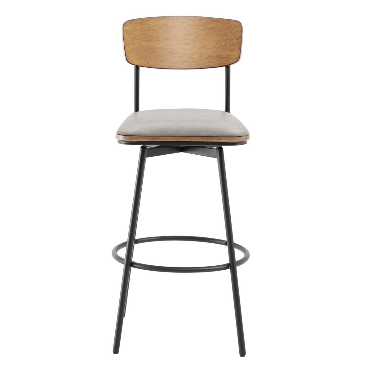 Aislinn swivel bar stool with gray cushion and wood backrest in modern design - CHITA Living