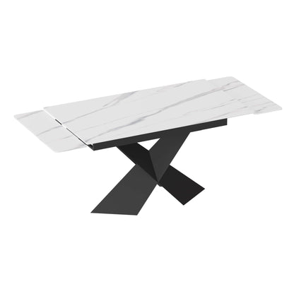 Extendable dining table with white sintered stone top and black X-shaped steel base