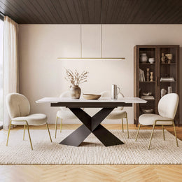 Sean extendable dining table with white stone top and black X-shaped steel base