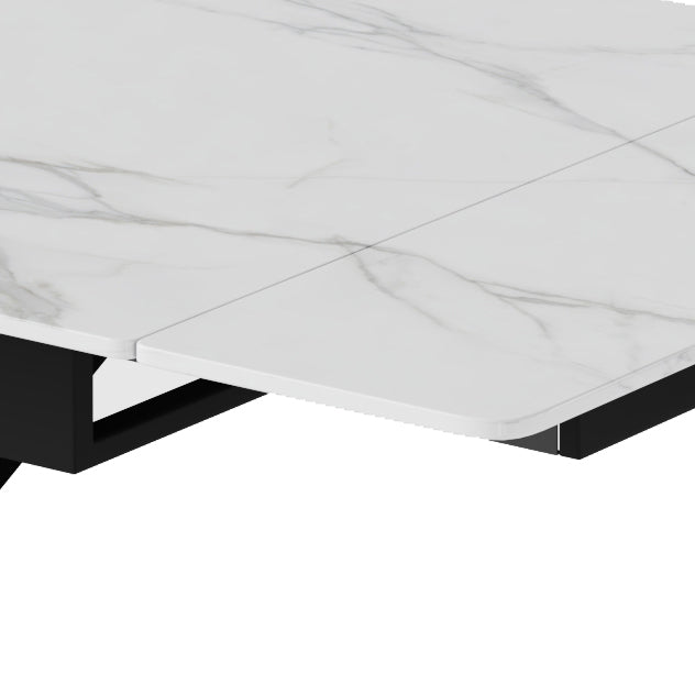 White sintered stone extendable dining table top with black X-shaped steel base