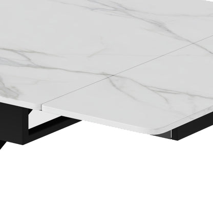 White sintered stone extendable dining table top with black X-shaped steel base